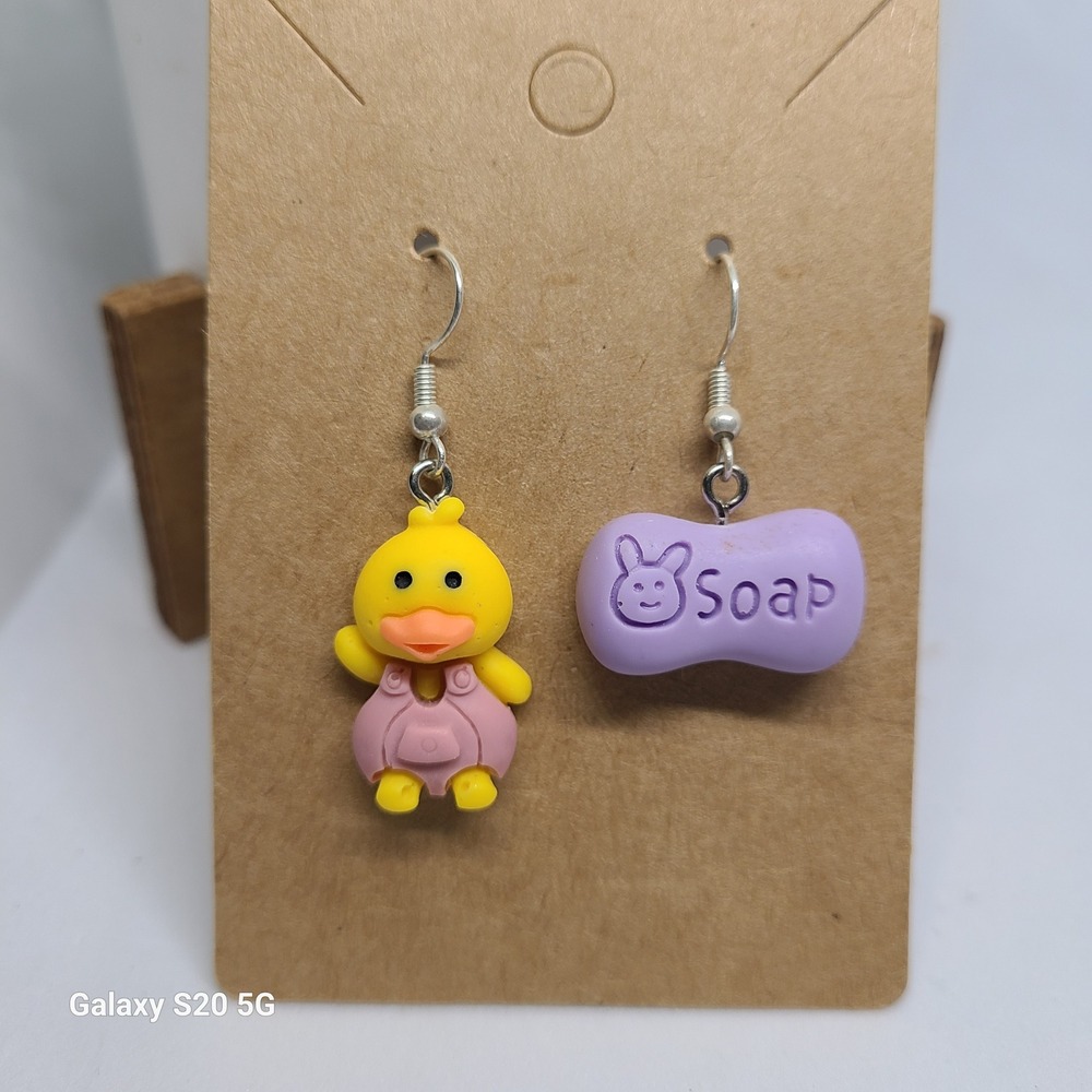 Handmade Duck Soap Earrings Quirky Funky Dangle Drop Cute Novelty NEW 1.5 inches